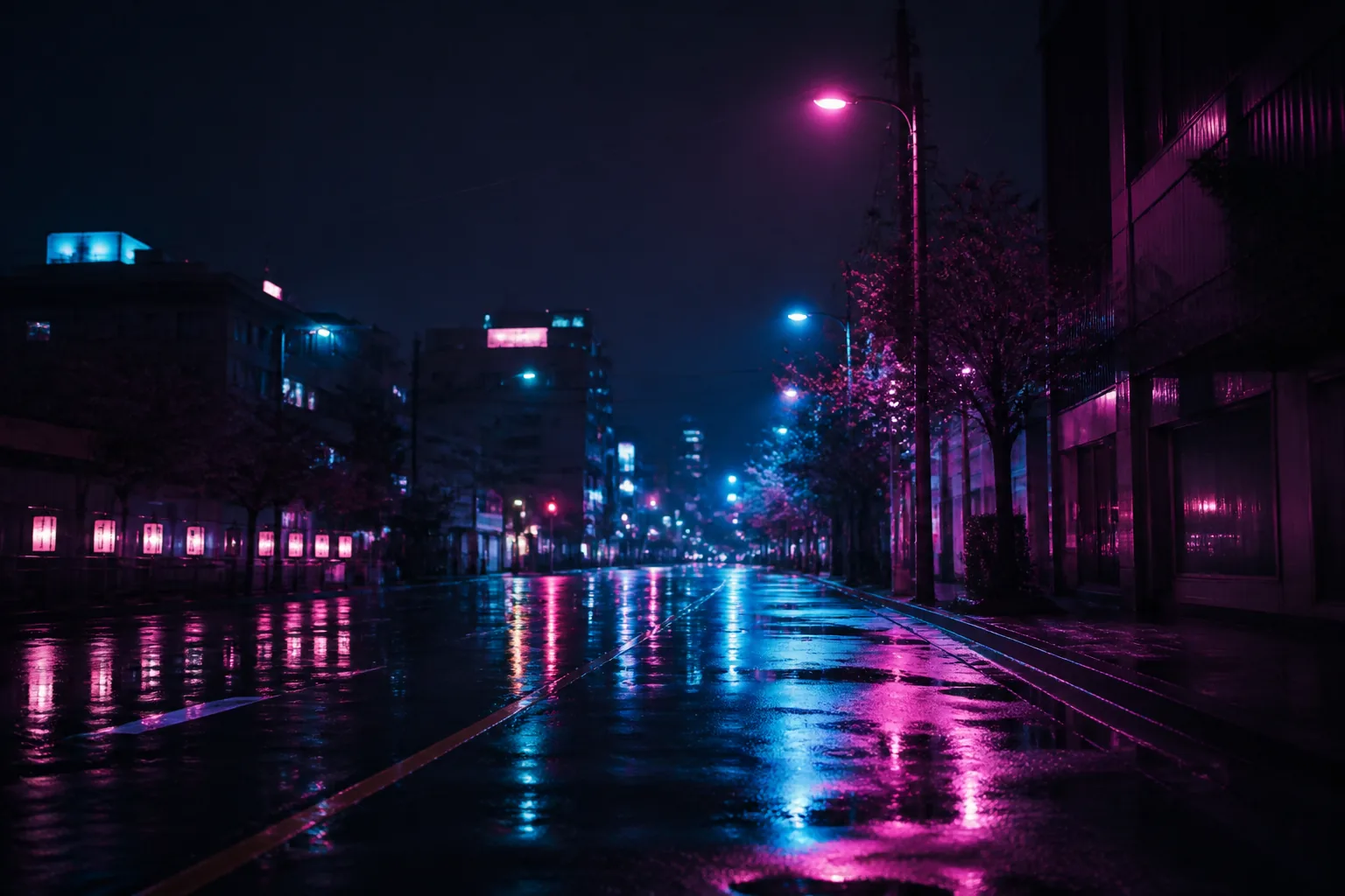 Calle nocturna con reflejos de neón magenta y cian
